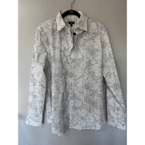 Men’s Express Slim Fit Floral Button Up Shirt Large White Gray Print New